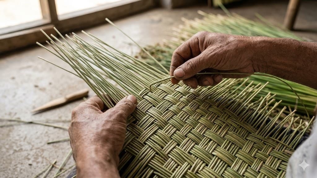 Hands weaving Kauna grass by hand