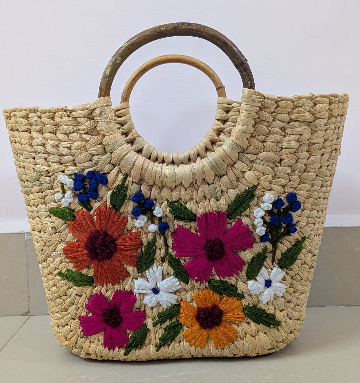 Coral Garden Resort Tote structured handwoven bag with bamboo handle
